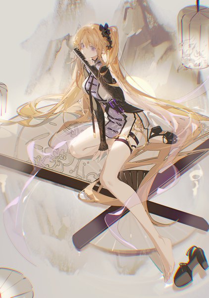 Anime picture 1200x1706 with arknights indigo (arknights) indigo (serene day) (arknights) samo (shichun samo) single tall image fringe blonde hair hair between eyes sitting purple eyes twintails looking away very long hair traditional clothes bare legs official alternate costume chinese clothes shoes removed single shoe