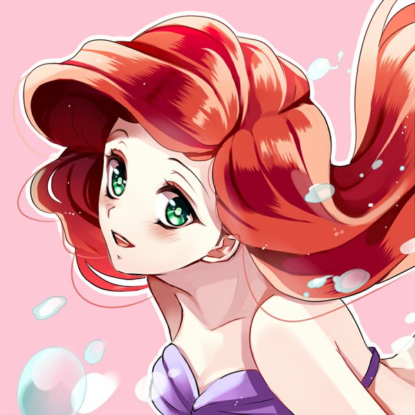 Anime picture 1000x1000 with the little mermaid disney ariel kurabayashi single long hair looking at viewer blush open mouth bare shoulders green eyes pink hair red hair portrait girl bubble (bubbles) mermaid