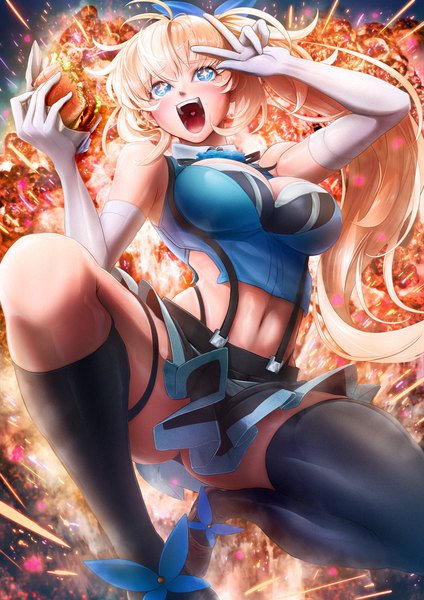 Anime picture 848x1200 with virtual youtuber mirai akari project mirai akari imizu (nitro unknown) single long hair tall image blush fringe breasts open mouth blue eyes light erotic blonde hair smile hair between eyes large breasts bare shoulders holding looking away