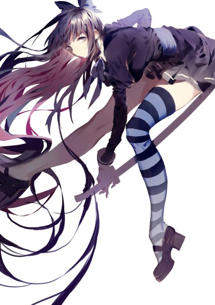 Anime picture 849x1200 with panty & stocking with garterbelt anarchy stocking aya (547972106) single tall image looking at viewer fringe simple background white background purple eyes pink hair purple hair bent knee (knees) very long hair multicolored hair two-tone hair leaning leaning forward colored inner hair girl