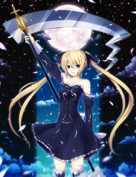 Anime picture 700x910 with original 6u (eternal land) single long hair tall image looking at viewer fringe breasts blue eyes blonde hair standing twintails bare shoulders holding parted lips night night sky girl dress weapon