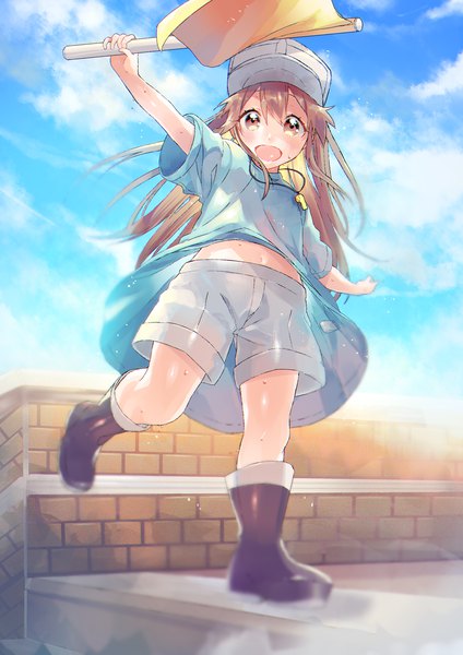 Anime picture 1653x2338 with hataraku saibou david production platelet (hataraku saibou) sinomi single long hair tall image looking at viewer blush fringe open mouth hair between eyes brown hair brown eyes sky cloud (clouds) full body from below spread arms brick wall