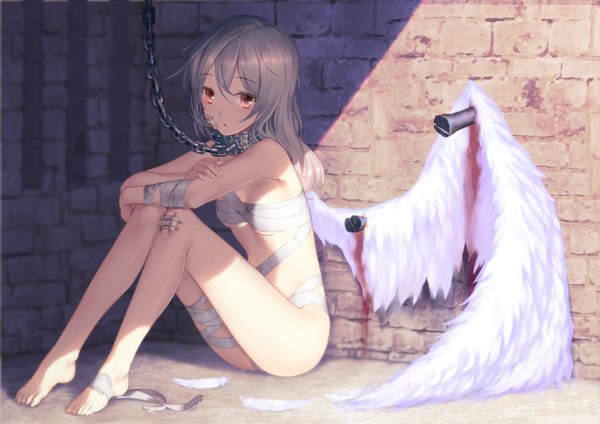 Anime picture 1412x1000 with original ixi (artist) single long hair light erotic red eyes sitting silver hair barefoot naked bandage girl wings blood chain collar bandage (bandages) bandaid