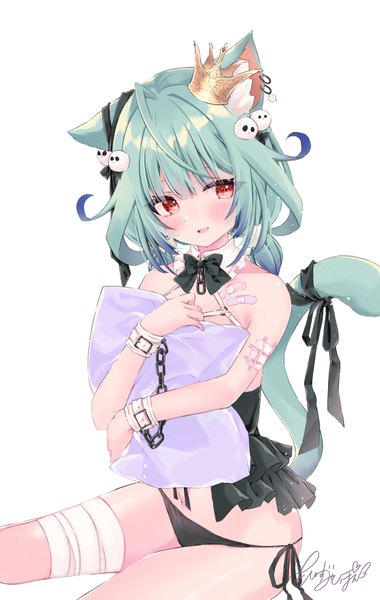 Anime picture 624x986 with virtual youtuber hololive uruha rushia moizumi shipon single tall image blush short hair light erotic simple background red eyes white background sitting twintails animal ears looking away tail animal tail green hair cat ears