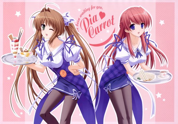 Anime picture 1400x974 with pia carrot hasegawa akemi takigawa yuna ariko youichi long hair looking at viewer blush fringe open mouth brown hair purple eyes twintails multiple girls green eyes pink hair ahoge one eye closed wink copyright name hand on hip