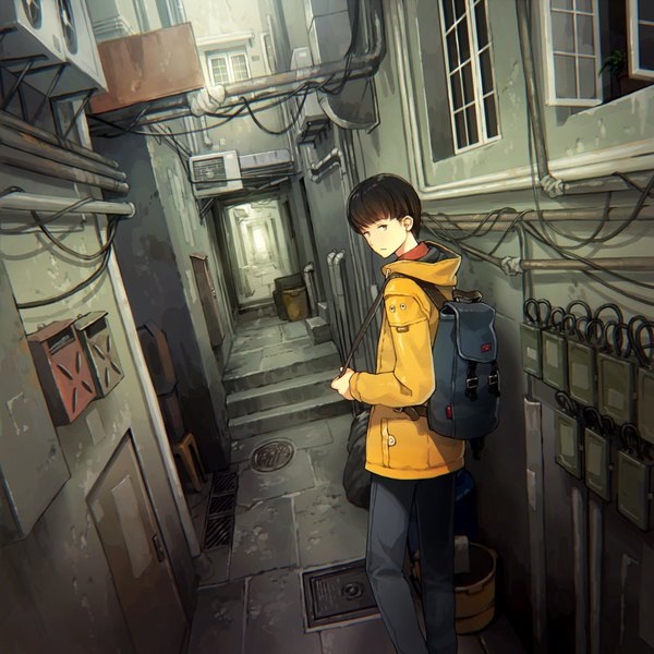 Anime picture 1200x1200 with original yoshida seiji single looking at viewer short hair black hair brown eyes from behind dutch angle city alley boy jacket hood pants stairs wire (wires) backpack water pipe