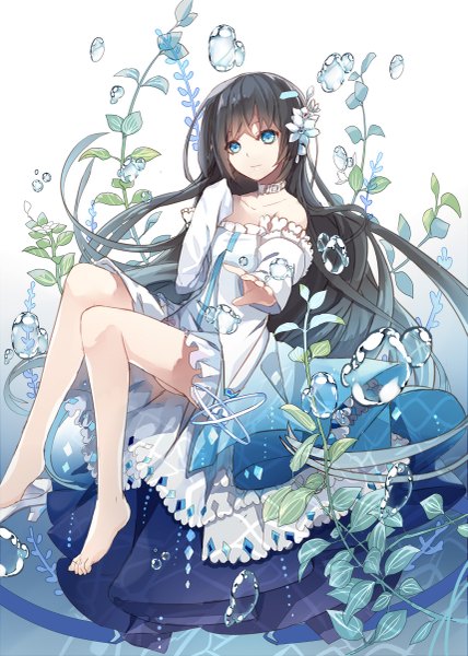 Anime picture 857x1200 with original fre single tall image looking at viewer fringe blue eyes black hair very long hair barefoot bare legs girl dress frills bubble (bubbles)