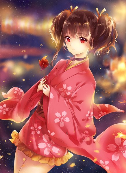 Anime picture 765x1053 with koutetsujou no kabaneri wit studio mumei (kabaneri) bw single tall image looking at viewer blush fringe short hair red eyes brown hair standing twintails holding outdoors long sleeves traditional clothes japanese clothes wind