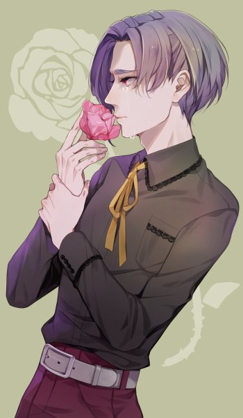 Anime picture 700x1200 with tokyo ghoul studio pierrot kanae von rosewald xxxxxymdy single tall image short hair red eyes purple hair profile tears boy flower (flowers) shirt belt black shirt