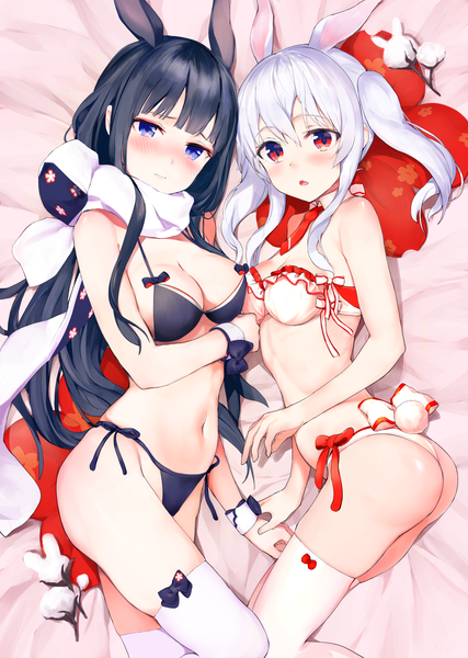 Anime picture 1780x2500 with original nanotaro long hair tall image looking at viewer blush fringe highres breasts open mouth blue eyes light erotic black hair hair between eyes red eyes twintails multiple girls animal ears payot cleavage