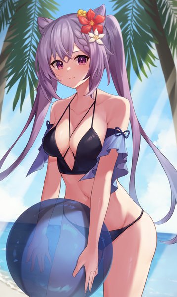 Anime picture 2548x4269 with genshin impact keqing (genshin impact) pizza (pizzania company) single long hair tall image looking at viewer highres breasts light erotic large breasts purple eyes twintails sky purple hair hair flower sunlight hair bun (hair buns) beach horizon