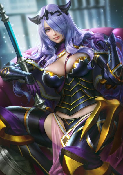 Anime picture 2480x3508 with fire emblem fire emblem fates nintendo camilla (fire emblem) nudtawut thongmai single long hair tall image fringe highres breasts light erotic smile large breasts sitting purple hair pink eyes horn (horns) lips hair over one eye
