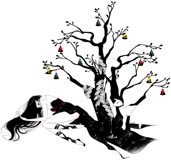 Anime-Bild 1333x1250 mit original mihoshi (artist) single long hair black hair white background bare shoulders lying eyes closed girl dress plant (plants) animal tree (trees) leaf (leaves) bell