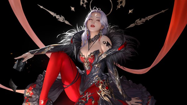 Anime picture 3840x2173 with original taekwon kim single long hair looking at viewer highres breasts simple background wide image sitting yellow eyes absurdres silver hair nail polish tattoo fur trim lipstick black background red lipstick cropped