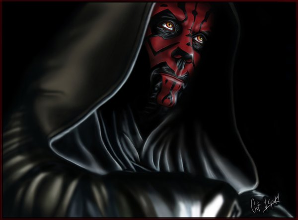 Anime picture 1600x1180 with star wars darth maul m-for-moddel realistic orange eyes black background portrait face red skin boy hood cloak