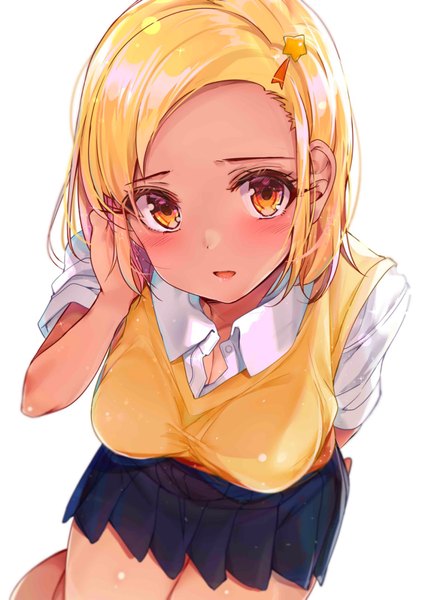 Anime picture 1534x2165 with keroro gunsou angol mois rouka (akatyann) single tall image looking at viewer blush fringe short hair breasts open mouth simple background blonde hair white background sitting yellow eyes pleated skirt arm support dark skin open collar