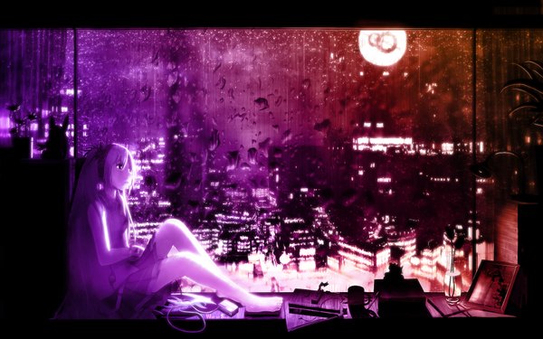 Аниме картинка 1920x1200 с вокалоид хацунэ мику snyp (r0pyns) длинные волосы высокое разрешение широкое изображение сидит дождь девушка окно луна