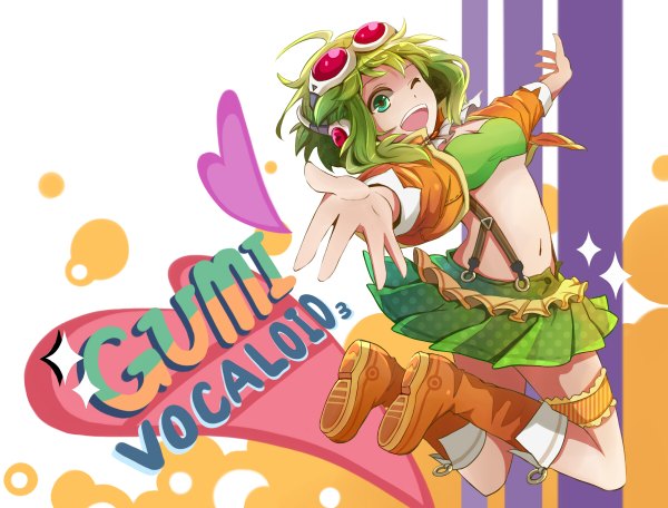 Anime picture 1200x912 with vocaloid gumi sakia (artist) single short hair open mouth green eyes one eye closed green hair wink inscription spread arms jumping girl goggles