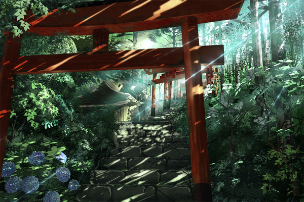 Anime picture 1000x667 with original waisshu (sougyokyuu) sunlight no people landscape sunbeam flower (flowers) plant (plants) tree (trees) forest torii hydrangea shrine path