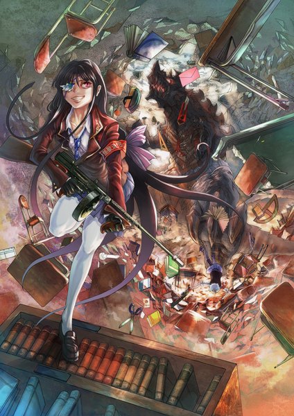 Anime picture 1340x1895 with original kopa (artist) long hair tall image short hair black hair red eyes multiple girls green eyes white hair pleated skirt looking up battle destruction girl skirt gloves uniform weapon 2 girls