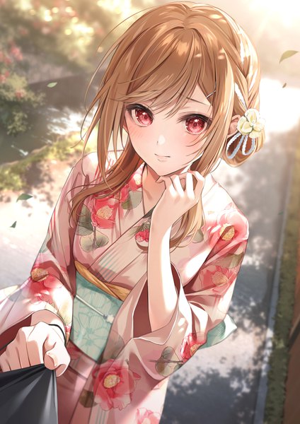 Anime picture 1216x1722 with original zattape single long hair tall image looking at viewer blush fringe red eyes brown hair standing outdoors traditional clothes japanese clothes arm up hair flower wide sleeves hair bun (hair buns) floral print girl