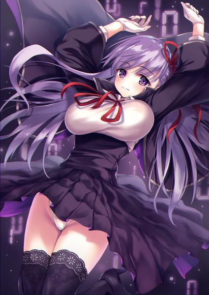 Anime picture 567x800 with fate (series) fate/stay night matou sakura ouka (ra-raradan) single long hair tall image looking at viewer blush fringe breasts light erotic simple background large breasts standing purple eyes purple hair pleated skirt light smile arms up