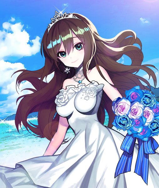 Anime picture 800x945 with idolmaster idolmaster cinderella girls idolmaster cinderella girls starlight stage shibuya rin kyundoo single long hair tall image looking at viewer fringe smile hair between eyes brown hair standing holding payot sky cloud (clouds) outdoors aqua eyes