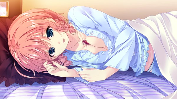 Anime picture 1024x576 with shin shirogane no soleil skyfish (studio) single short hair breasts open mouth blue eyes light erotic wide image pink hair game cg lying girl pajamas