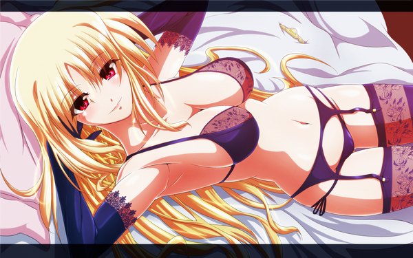 Anime picture 2560x1600 with mahou shoujo lyrical nanoha mahou shoujo lyrical nanoha strikers fate testarossa tappa (esperanza) single long hair looking at viewer highres breasts light erotic blonde hair red eyes large breasts lying underwear only girl thighhighs gloves navel underwear