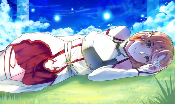 Anime picture 2510x1500 with sword art online a-1 pictures yuuki asuna ushio (starchild720) long hair looking at viewer highres smile brown hair wide image brown eyes cloud (clouds) girl thighhighs skirt plant (plants) detached sleeves miniskirt white thighhighs grass