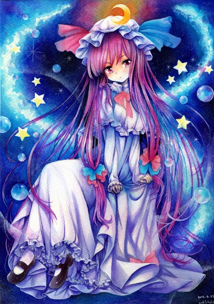 Anime picture 1058x1500 with touhou patchouli knowledge mosho single tall image looking at viewer sitting purple eyes signed purple hair very long hair crossed legs crescent traditional media watercolor (medium) girl dress bow hair bow socks