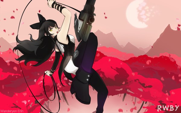 Anime picture 1680x1050 with rwby rooster teeth blake belladonna wanderyen erin single long hair open mouth black hair wide image yellow eyes legs girl thighhighs dress bow weapon hair bow shoes gun kama (weapon)