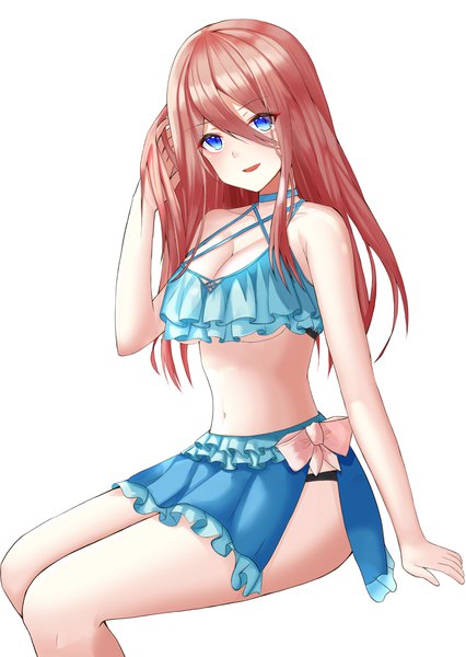 Anime picture 2995x4222 with go-toubun no hanayome nakano miku funii single long hair tall image looking at viewer blush fringe highres breasts open mouth blue eyes light erotic simple background smile hair between eyes large breasts white background sitting