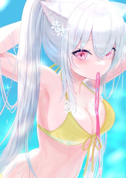 Anime picture 774x1095 with original hou no ka single long hair tall image fringe breasts light erotic hair between eyes large breasts standing holding animal ears payot looking away silver hair pink eyes cat ears arms up armpit (armpits)