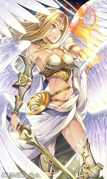 Anime picture 686x1143 with original ikeda yasuhiro long hair tall image breasts standing bare shoulders holding green eyes pointy ears from below midriff zettai ryouiki glowing angel wings white wings angel multiple wings girl thighhighs