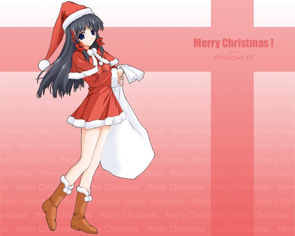 Anime picture 1280x1024 with os-tan windows (operating system) microsoft xp-tan (saseko) single long hair looking at viewer black hair simple background standing black eyes inscription wallpaper fur trim standing on one leg christmas pink background girl ribbon (ribbons) hair ribbon