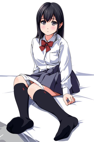 Anime picture 800x1200 with original matsunaga kouyou single long hair tall image looking at viewer blush light erotic black hair black eyes legs girl skirt underwear panties shirt socks black socks white panties