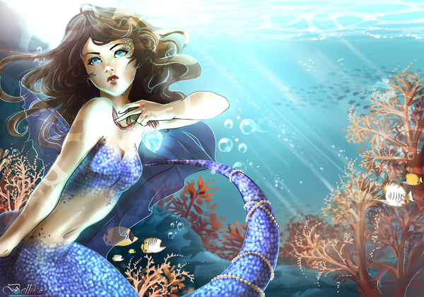 Anime picture 1600x1120 with original belliko-art (artist) single long hair brown hair bare shoulders aqua eyes lips sunlight wavy hair underwater glow transparent girl navel animal water heart sea pendant