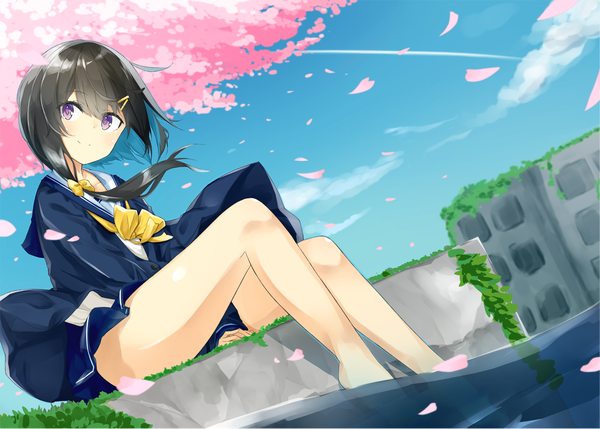 Anime picture 1259x901 with original kavka single long hair fringe black hair smile sitting looking away sky cloud (clouds) outdoors multicolored hair barefoot wind bare legs dutch angle thighs cherry blossoms side ponytail