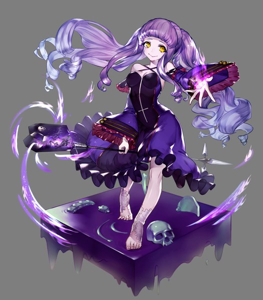 Anime picture 1002x1143 with original yurika0207 single long hair tall image looking at viewer fringe breasts smile purple hair blunt bangs barefoot grey background wide sleeves magic drill hair gradient hair pale skin outstretched hand girl