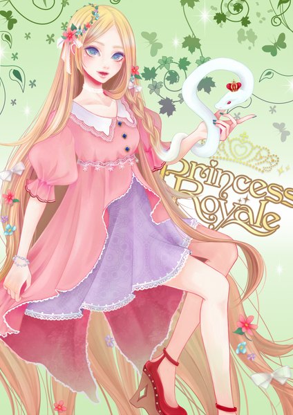 Anime picture 1240x1753 with rapunzel (grimm) rapunzel single tall image looking at viewer open mouth blue eyes blonde hair very long hair hair flower girl dress hair ornament plant (plants) snake