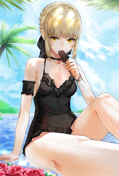 Anime picture 747x1104 with fate (series) fate/grand order artoria pendragon (all) artoria pendragon (alter swimsuit rider) (fate) kfr single tall image looking at viewer blush fringe short hair breasts light erotic blonde hair hair between eyes sitting holding yellow eyes payot sky