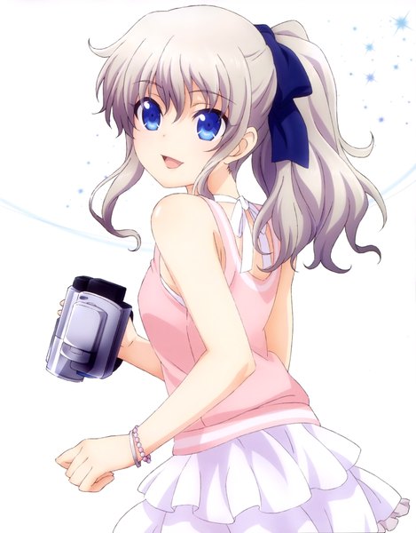Anime-Bild 3207x4098 mit charlotte p.a. works tomori nao single long hair tall image looking at viewer highres open mouth blue eyes white background absurdres silver hair ponytail girl ribbon (ribbons) hair ribbon bracelet