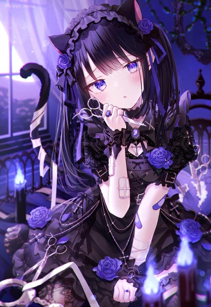Anime picture 2165x3156 with original kappe reeka single long hair tall image looking at viewer blush fringe highres open mouth black hair sitting purple eyes twintails holding animal ears indoors tail head tilt animal tail
