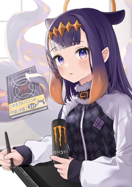Anime picture 2747x3893 with virtual youtuber hololive hololive english monster energy ninomae ina'nis ao-chan (ninomae ina'nis) tate yukimi single long hair tall image looking at viewer blush fringe highres purple eyes animal ears purple hair upper body blunt bangs pointy ears