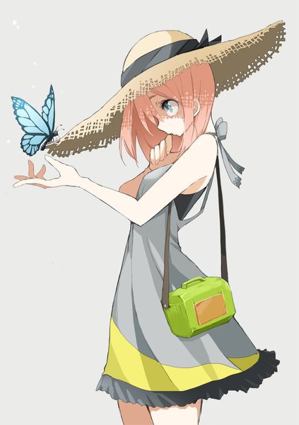Anime picture 1134x1609 with original takagi (tansuke) tansuke single tall image short hair blue eyes bare shoulders pink hair girl hat insect butterfly sundress hat ribbon