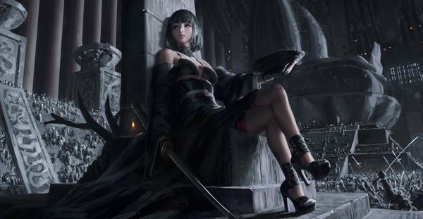 Anime picture 4096x2124 with original guweiz fringe highres short hair breasts black hair red eyes wide image large breasts sitting holding looking away absurdres cleavage full body bent knee (knees) blunt bangs lips wide sleeves