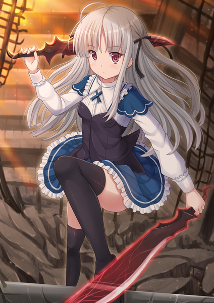 Anime picture 945x1337 with absolute duo 8bit yurie sigtuna kazenokaze single long hair tall image looking at viewer blush red eyes holding ahoge white hair dual wielding girl thighhighs dress ribbon (ribbons) weapon black thighhighs