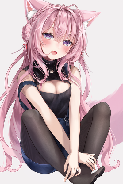 Anime picture 2736x4093 with virtual youtuber hololive hakui koyori fuyoyo single long hair tall image blush highres breasts open mouth light erotic simple background sitting purple eyes animal ears pink hair cleavage ahoge tail