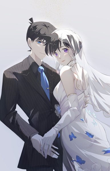 Anime picture 1562x2431 with detective conan kudou shinichi mouri ran suyi-j tall image looking at viewer fringe short hair blue eyes black hair simple background hair between eyes standing purple eyes bare shoulders long sleeves grey background couple gradient background holding hands